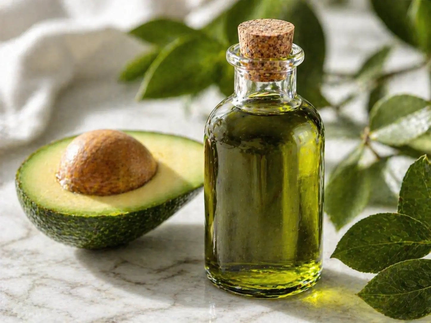 Deep green avocado oil in a glass bottle beside a halved ripe avocado on white marble