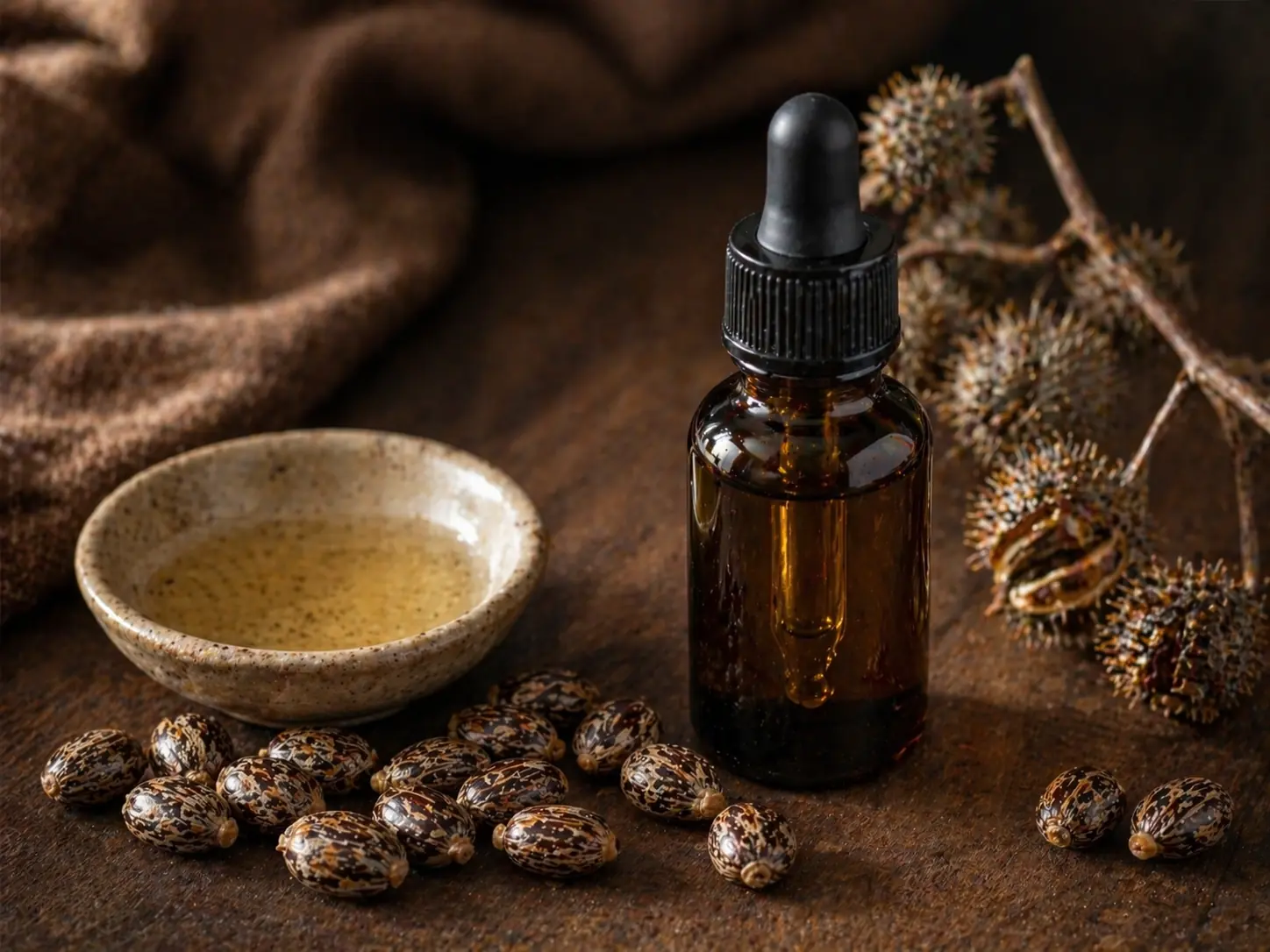 Dark amber castor oil dropper bottle beside castor beans on a dark walnut surface