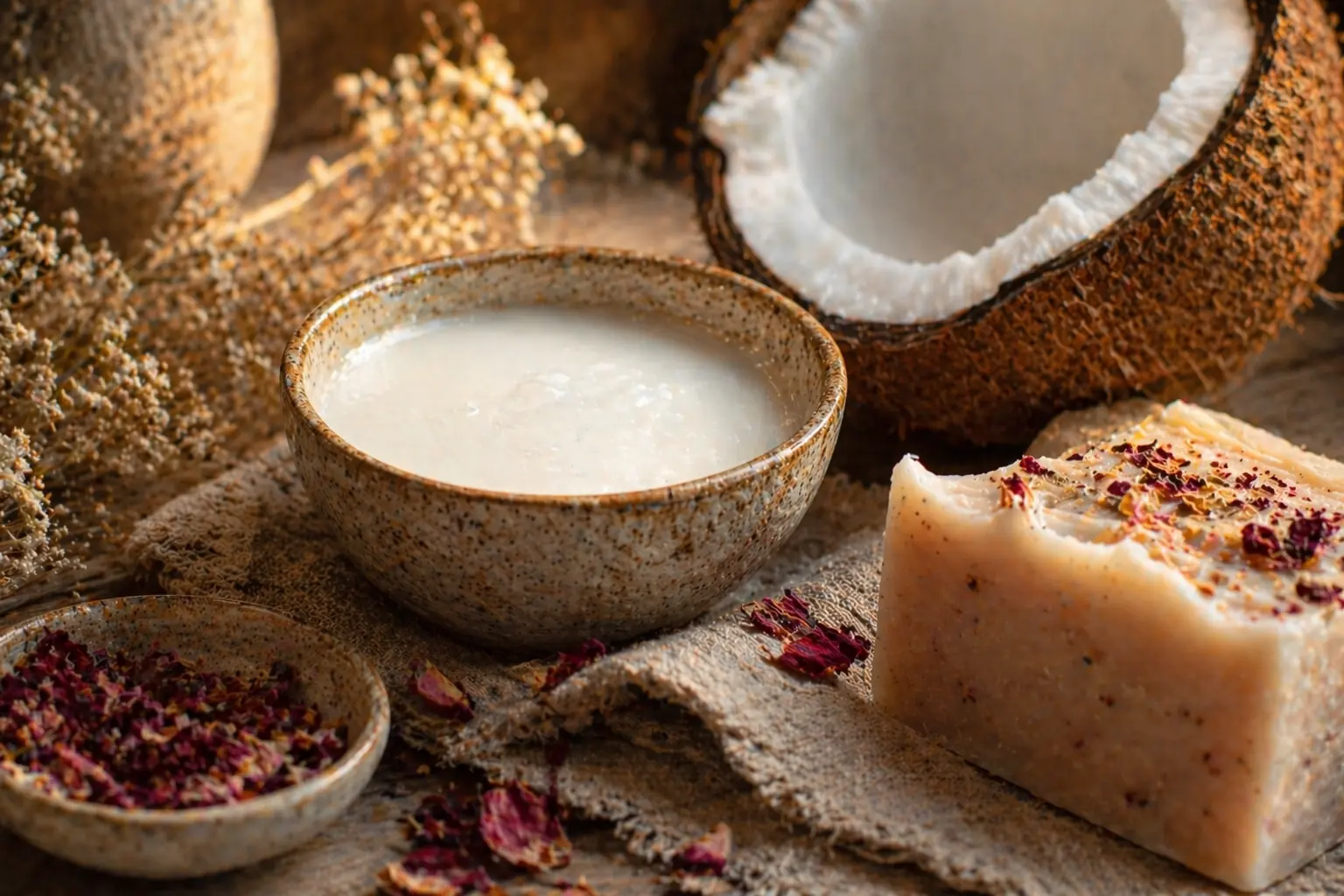 Fresh coconut milk in a ceramic bowl beside a halved coconut and handmade soap bar