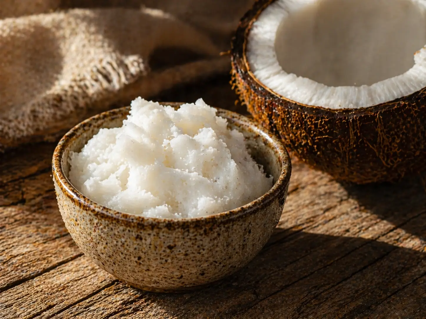 Solid white coconut oil in a rustic ceramic bowl beside a halved fresh coconut