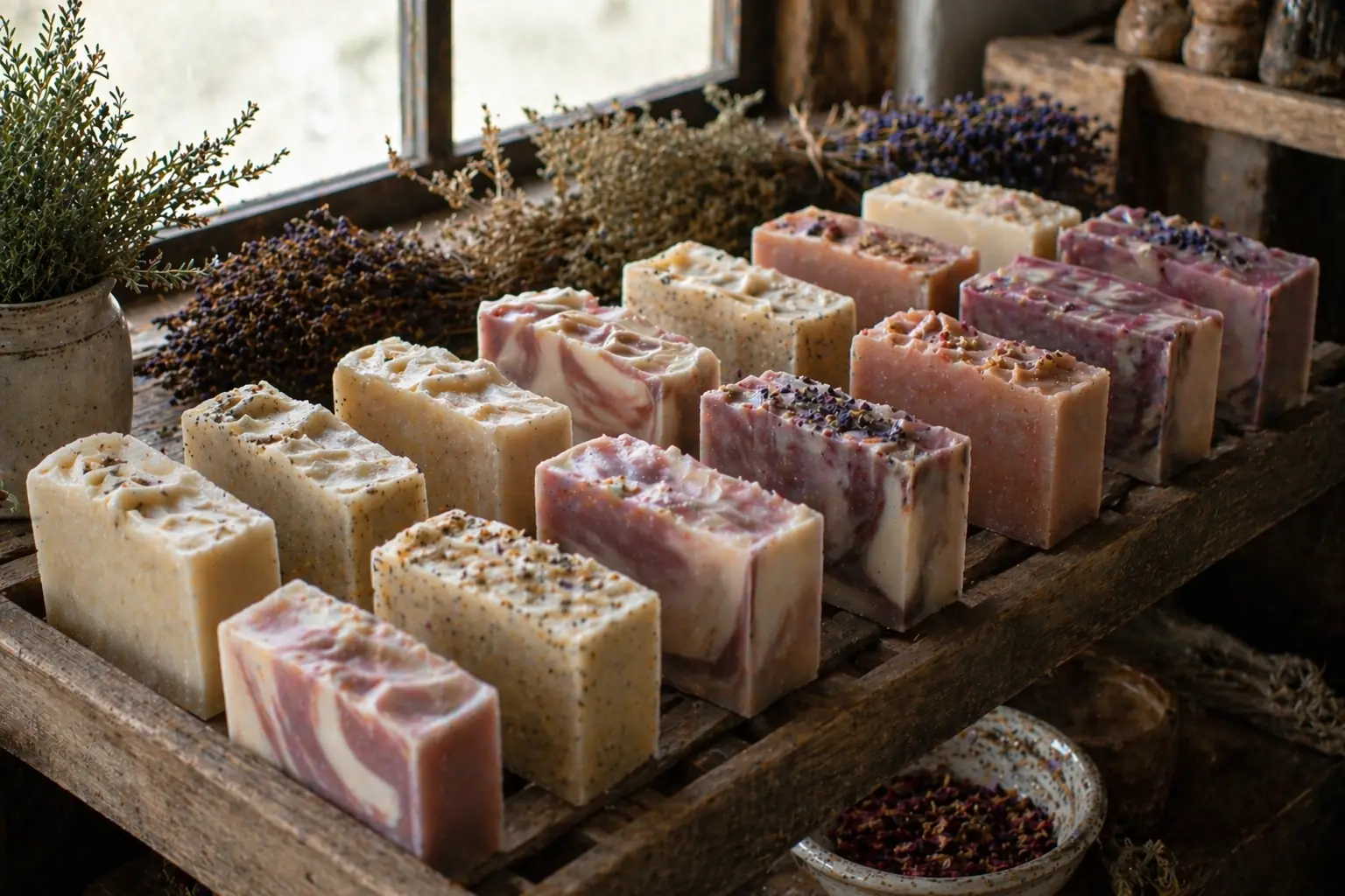 Handmade soap bars curing on a rack, ready to gift