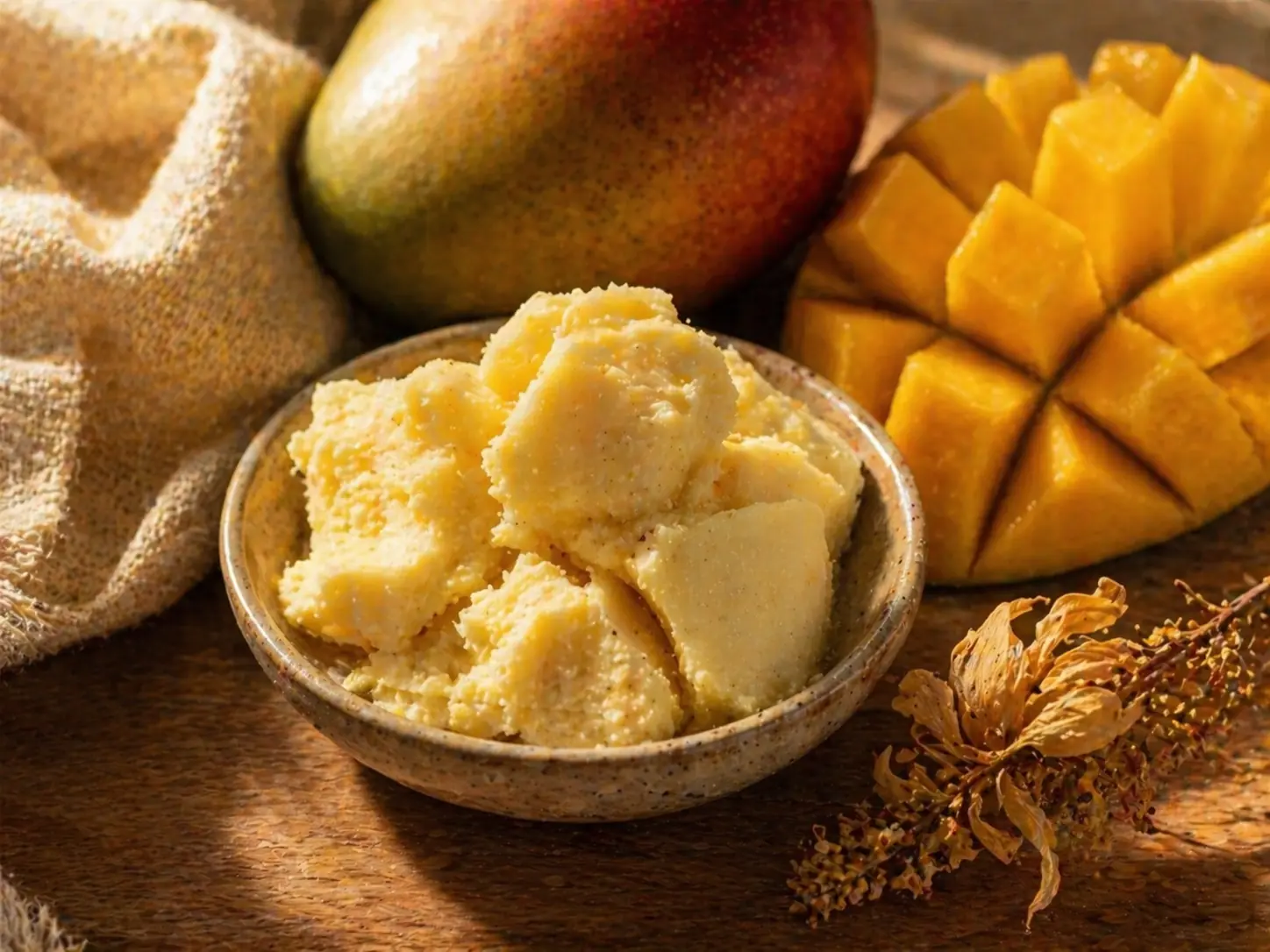 Creamy pale yellow mango butter in a ceramic dish beside a sliced ripe mango