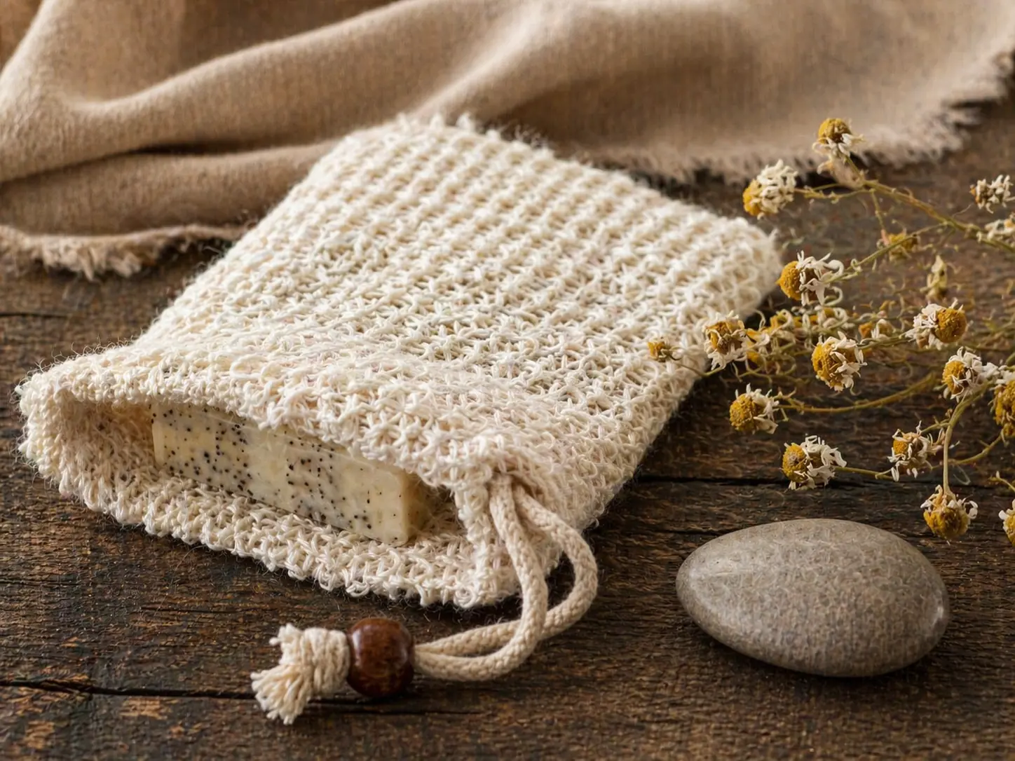Mawmaw's natural cotton soap saver bag with wood bead drawstring