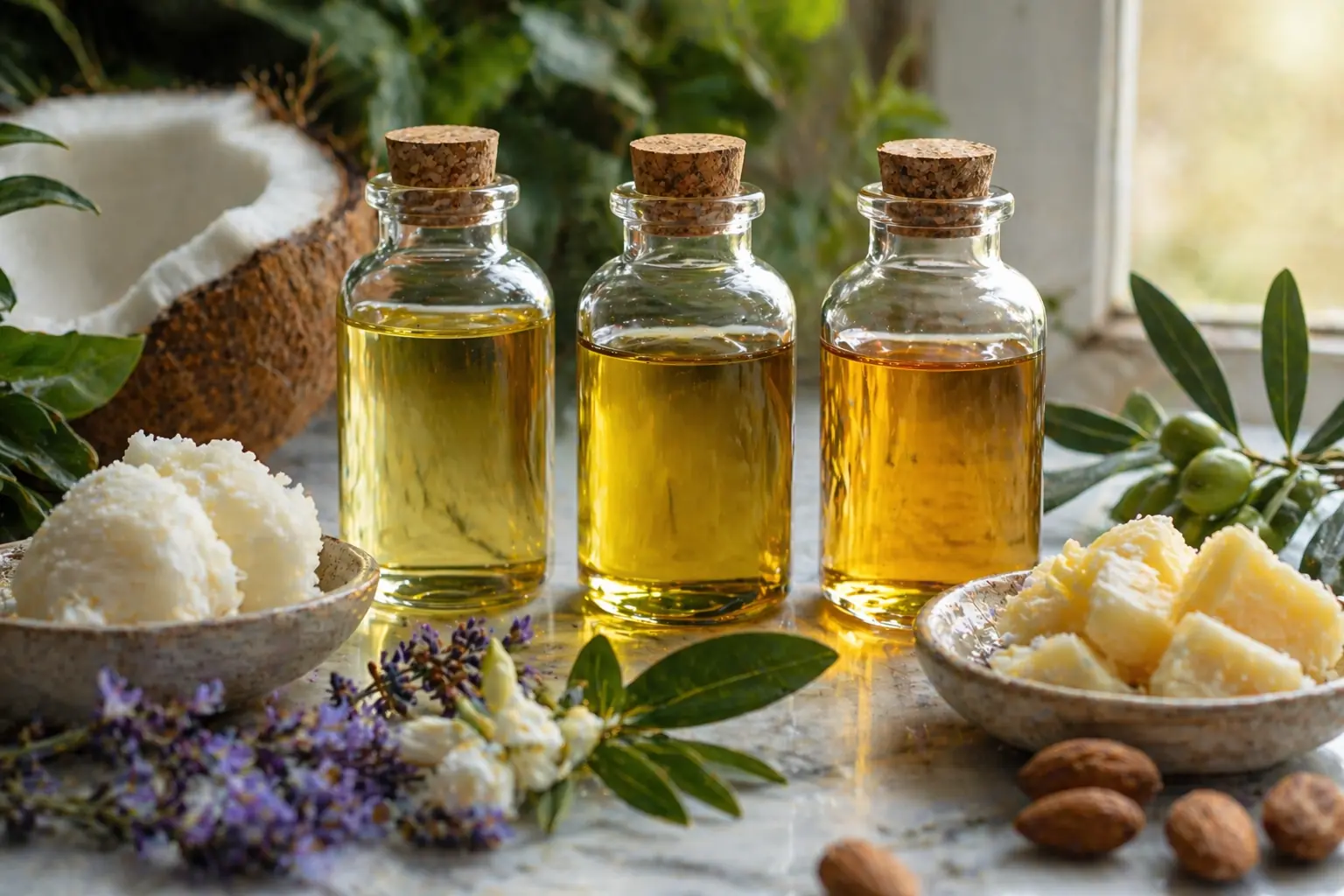 Natural soap making oils in glass bottles with shea butter and botanicals