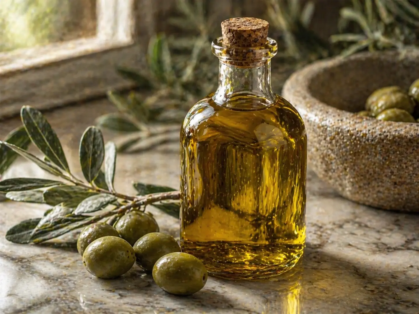 Golden olive oil in a glass bottle with cork stopper beside fresh green olives and an olive branch