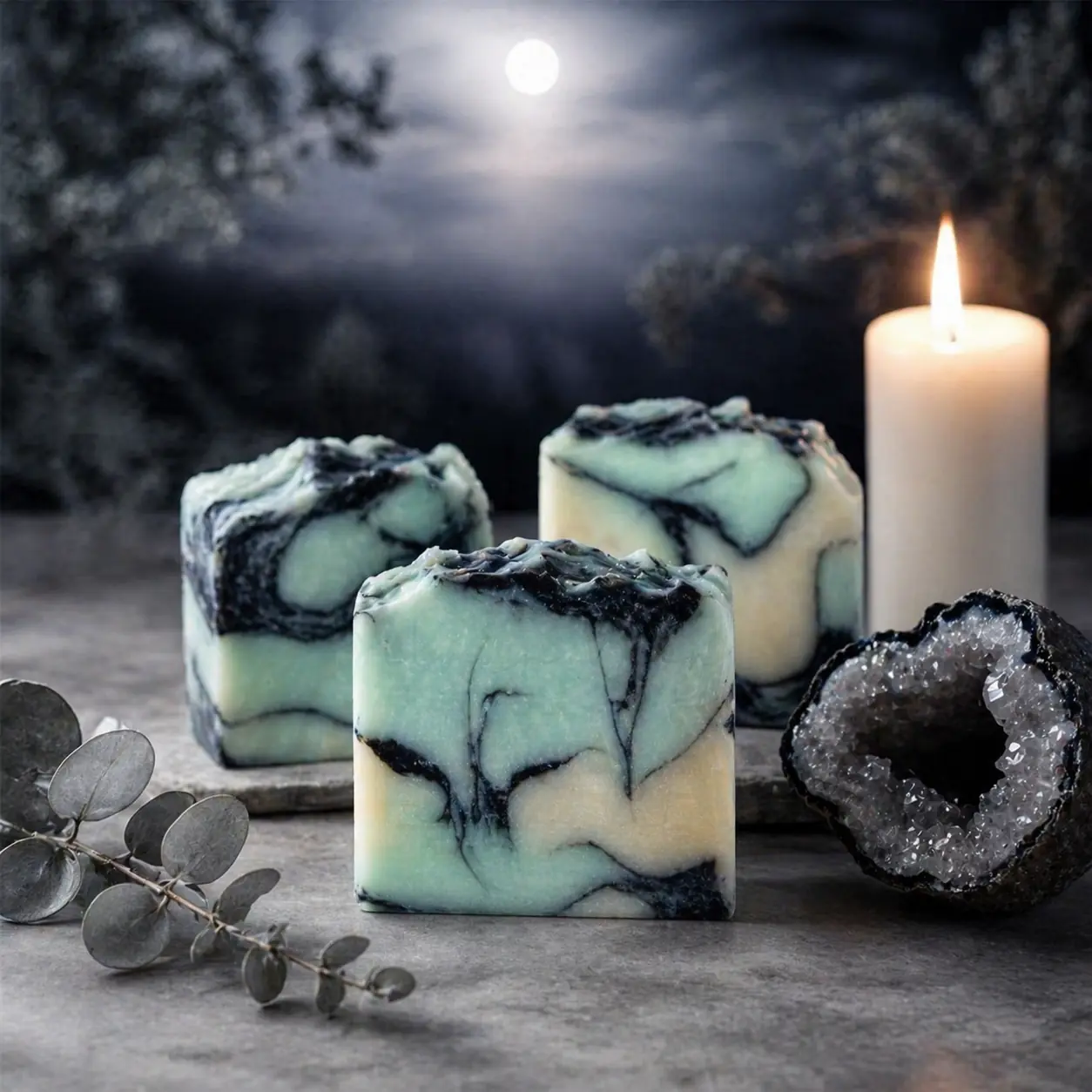 Mawmaw's Silver Moon celestial aqua ivory black artisan soap bar