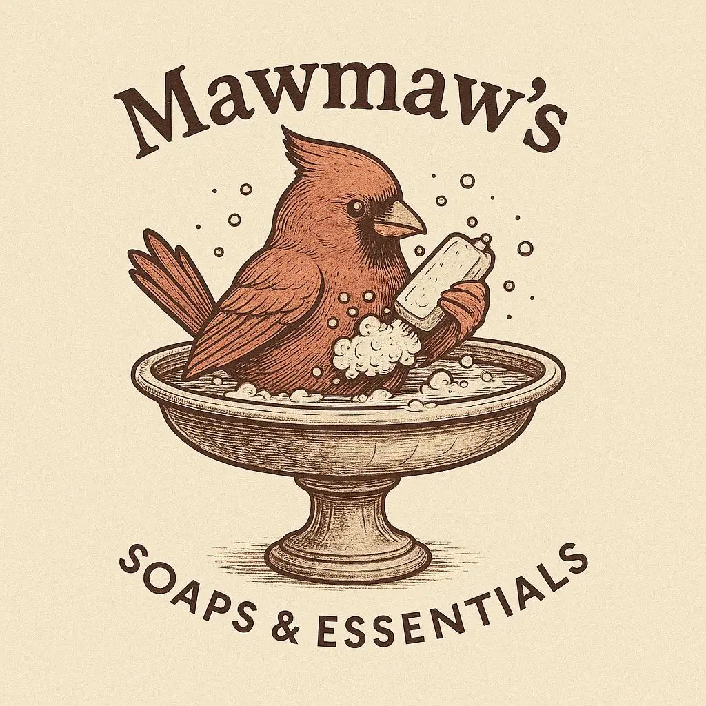 Mawmaw's Soaps and Essentials logo — cardinal in a birdbath