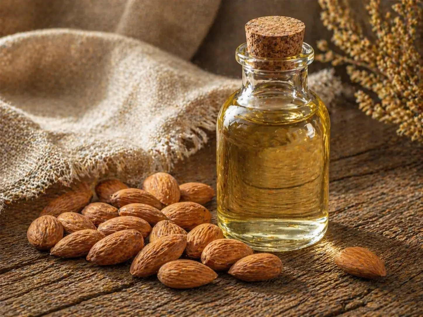 Pale golden sweet almond oil in a glass bottle beside raw almonds on a rustic wood surface